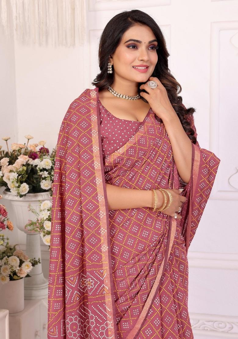 Peach Printed Cotton Saree Set