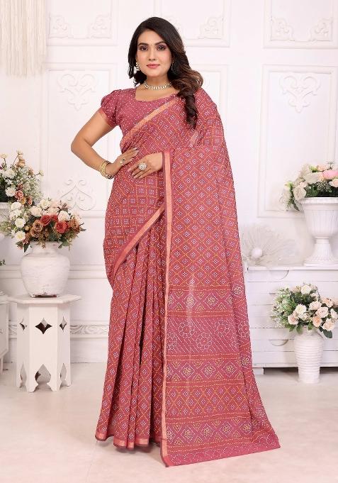 Peach Printed Cotton Saree Set