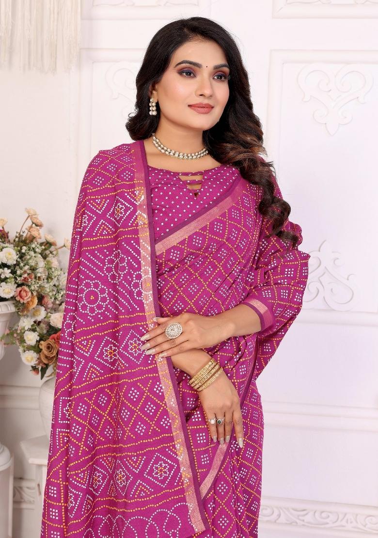 Pink Printed Cotton Saree Set