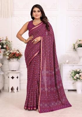 Purple Printed Cotton Saree Set