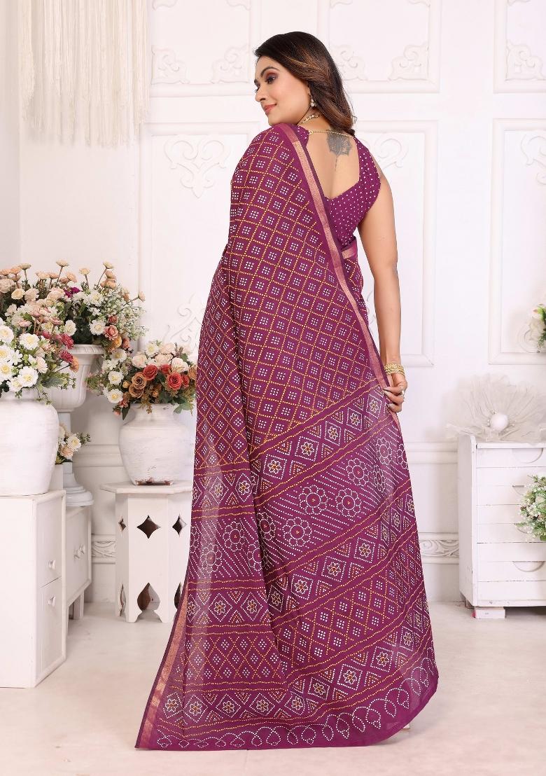 Purple Printed Cotton Saree Set