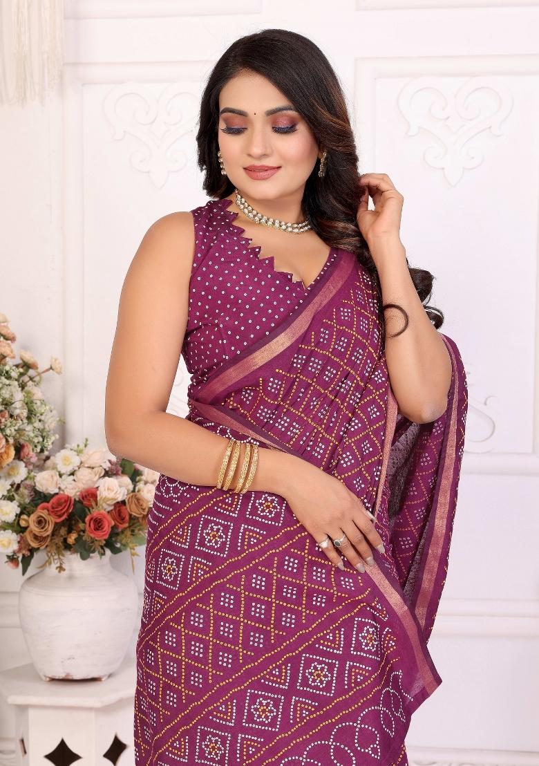 Purple Printed Cotton Saree Set