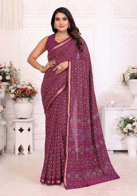 Purple Printed Cotton Saree Set