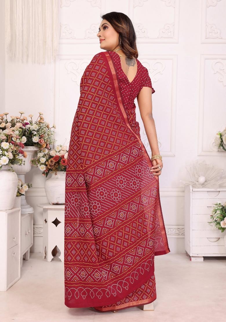 Red Printed Cotton Saree Set