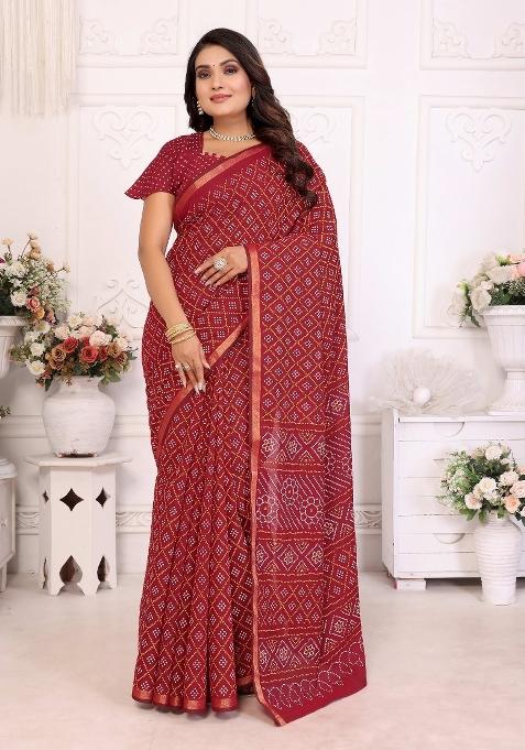Red Printed Cotton Saree Set