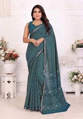 Teal Blue Printed Cotton Saree Set