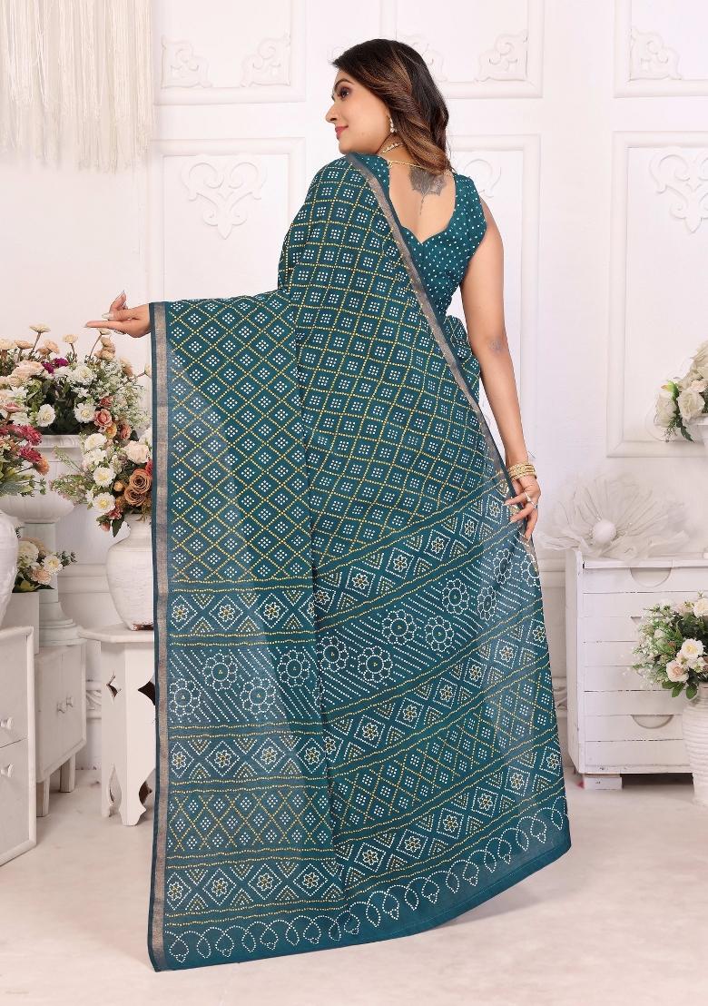 Teal Blue Printed Cotton Saree Set