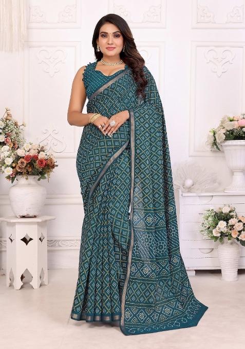 Teal Blue Printed Cotton Saree Set