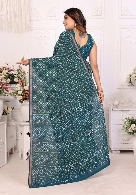 Teal Blue Printed Cotton Saree Set
