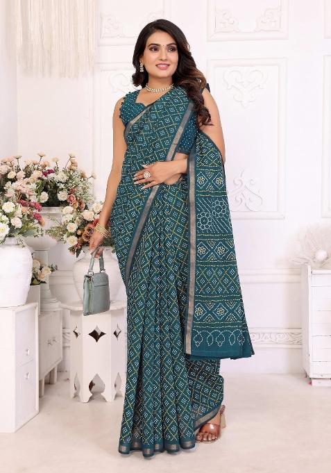 Teal Blue Printed Cotton Saree Set