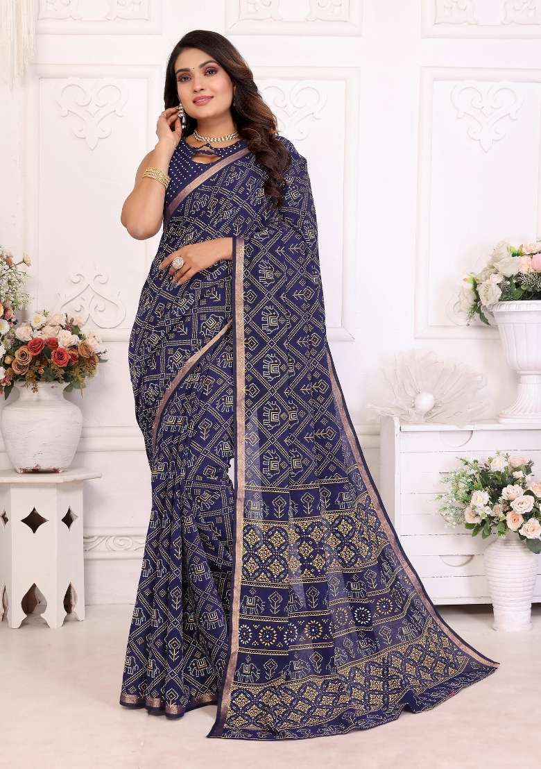 Blue Printed Cotton Saree Set - Indya