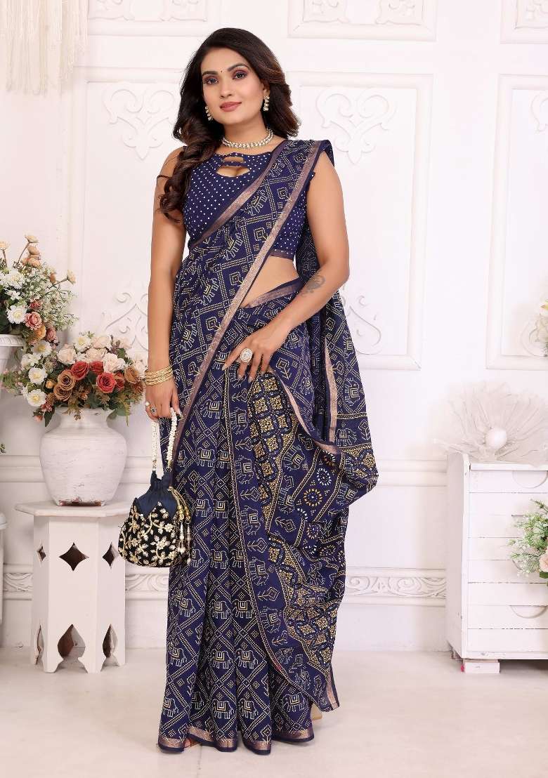 Blue Printed Cotton Saree Set - Indya