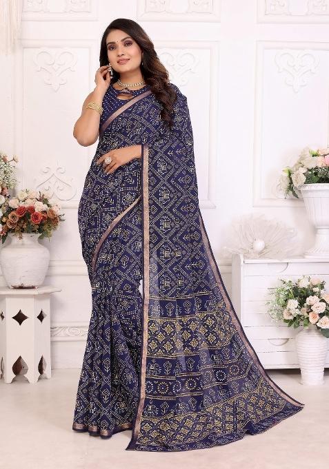 Blue Printed Cotton Saree Set