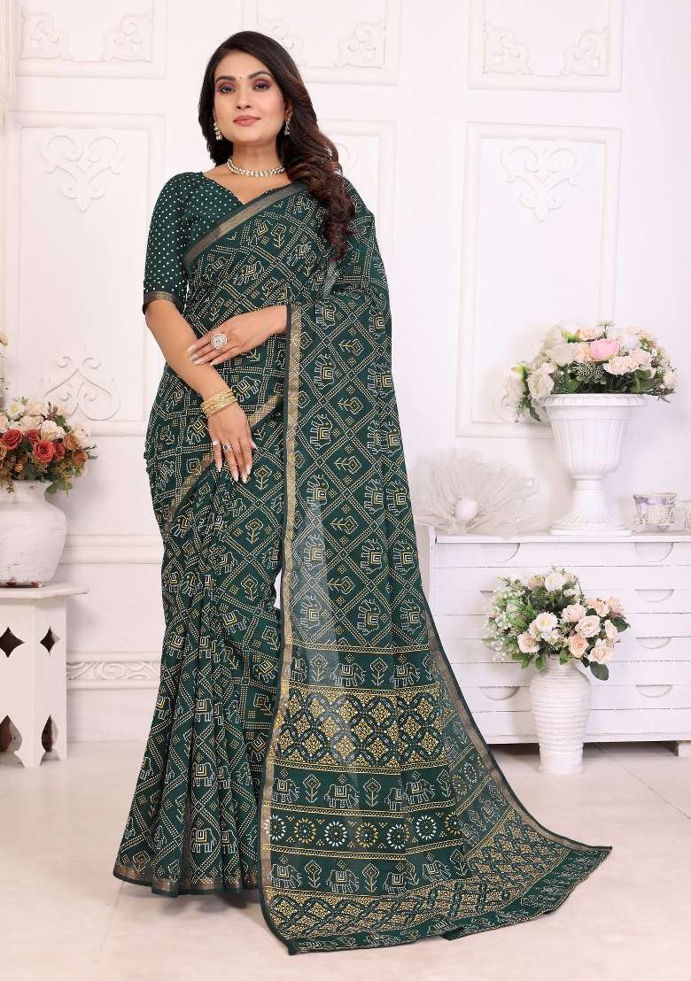 Green Printed Cotton Saree Set - Indya