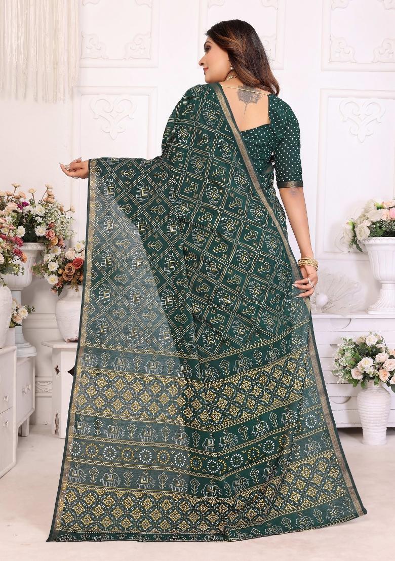 Green Printed Cotton Saree Set