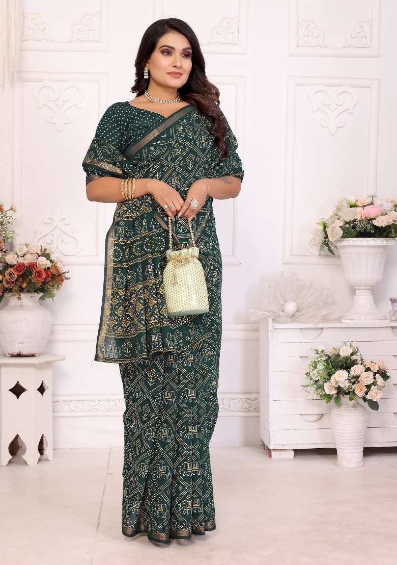 Green Printed Cotton Saree Set - Indya