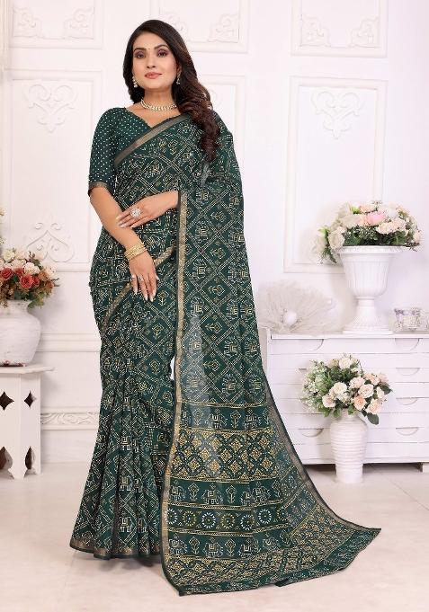 Green Printed Cotton Saree Set