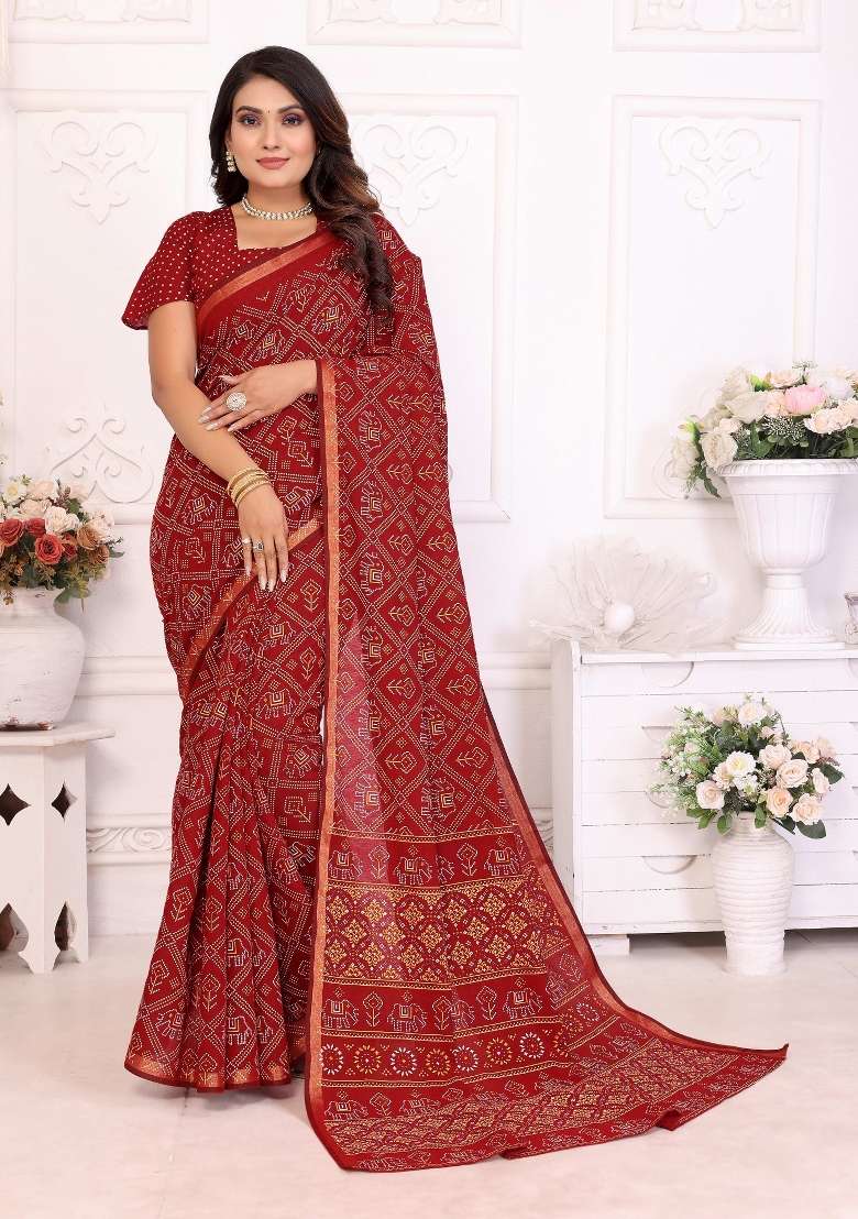 Maroon Printed Cotton Saree Set - Indya