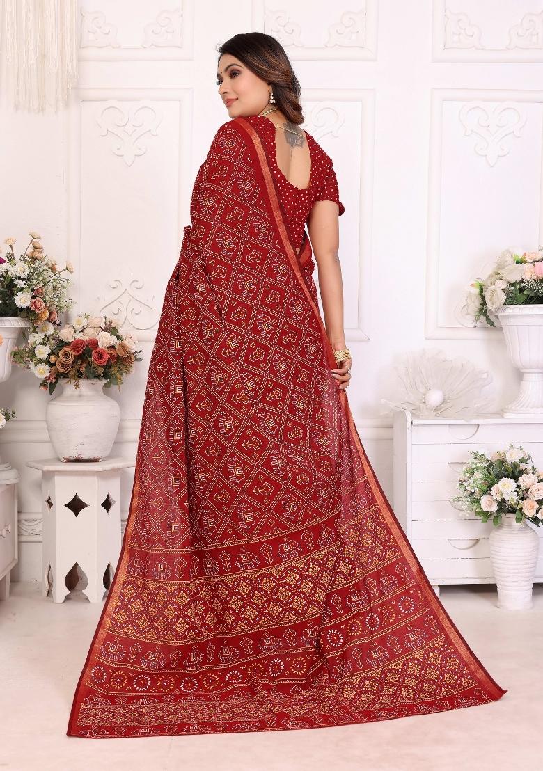 Maroon Printed Cotton Saree Set