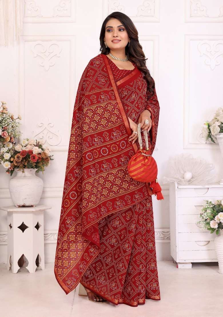 Maroon Printed Cotton Saree Set - Indya