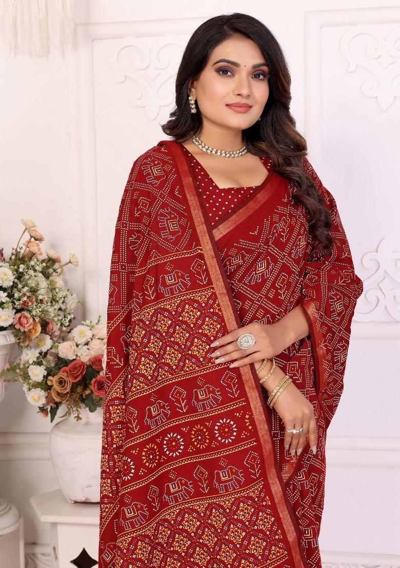 Maroon Printed Cotton Saree Set