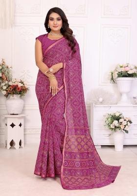 Pink Printed Cotton Saree Set