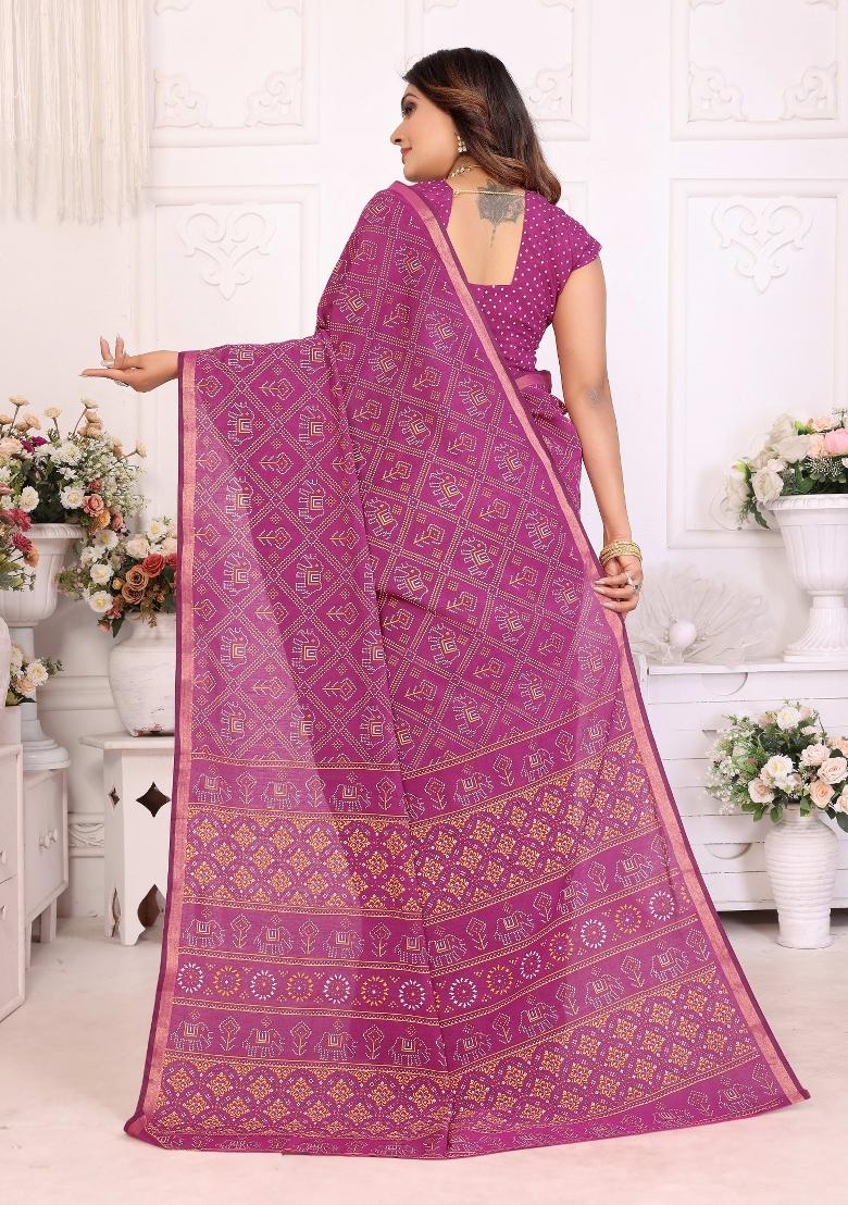 Pink Printed Cotton Saree Set
