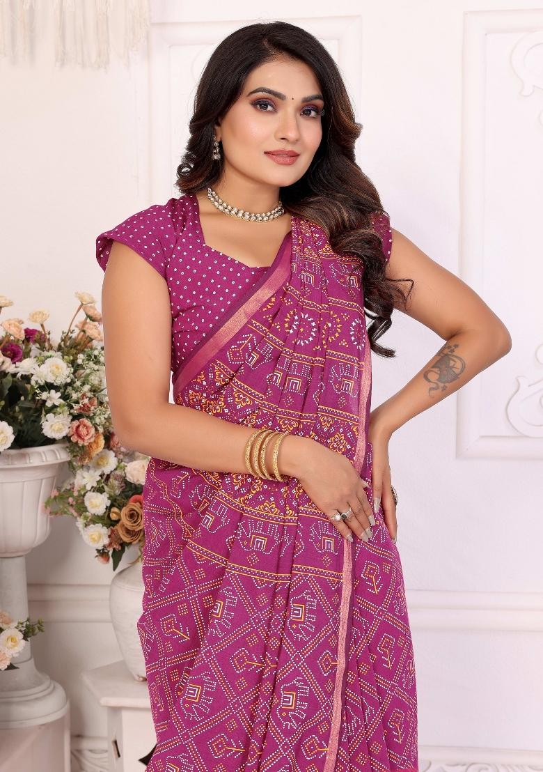 Pink Printed Cotton Saree Set