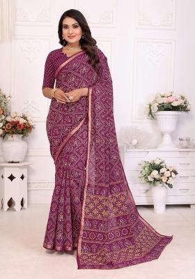 Purple Printed Cotton Saree Set