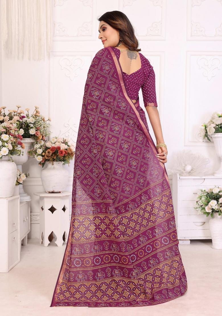 Purple Printed Cotton Saree Set