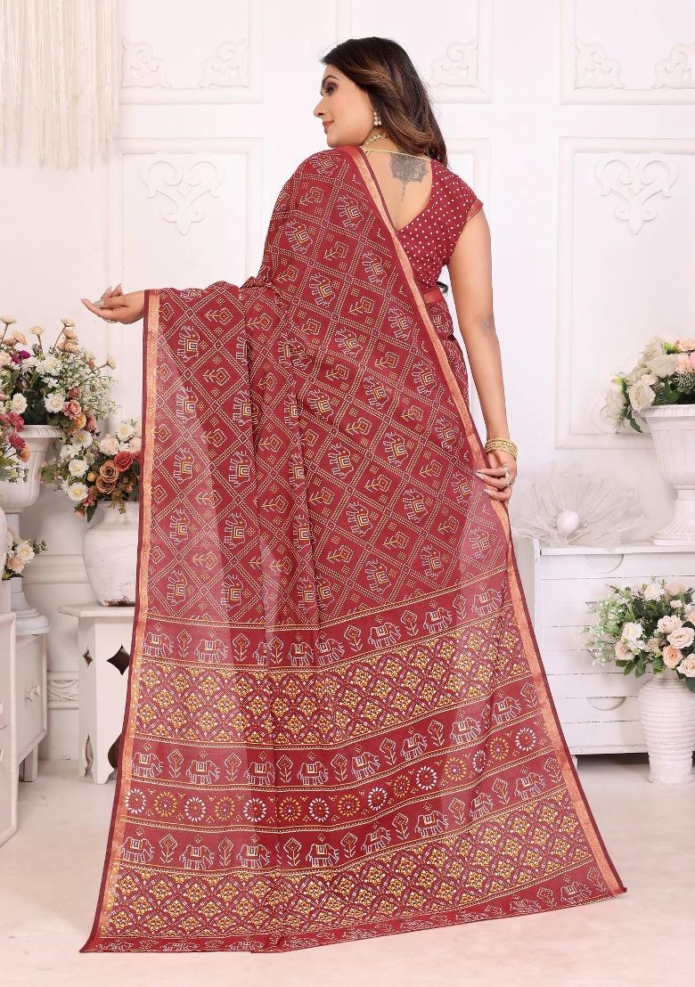 Red Printed Cotton Saree Set