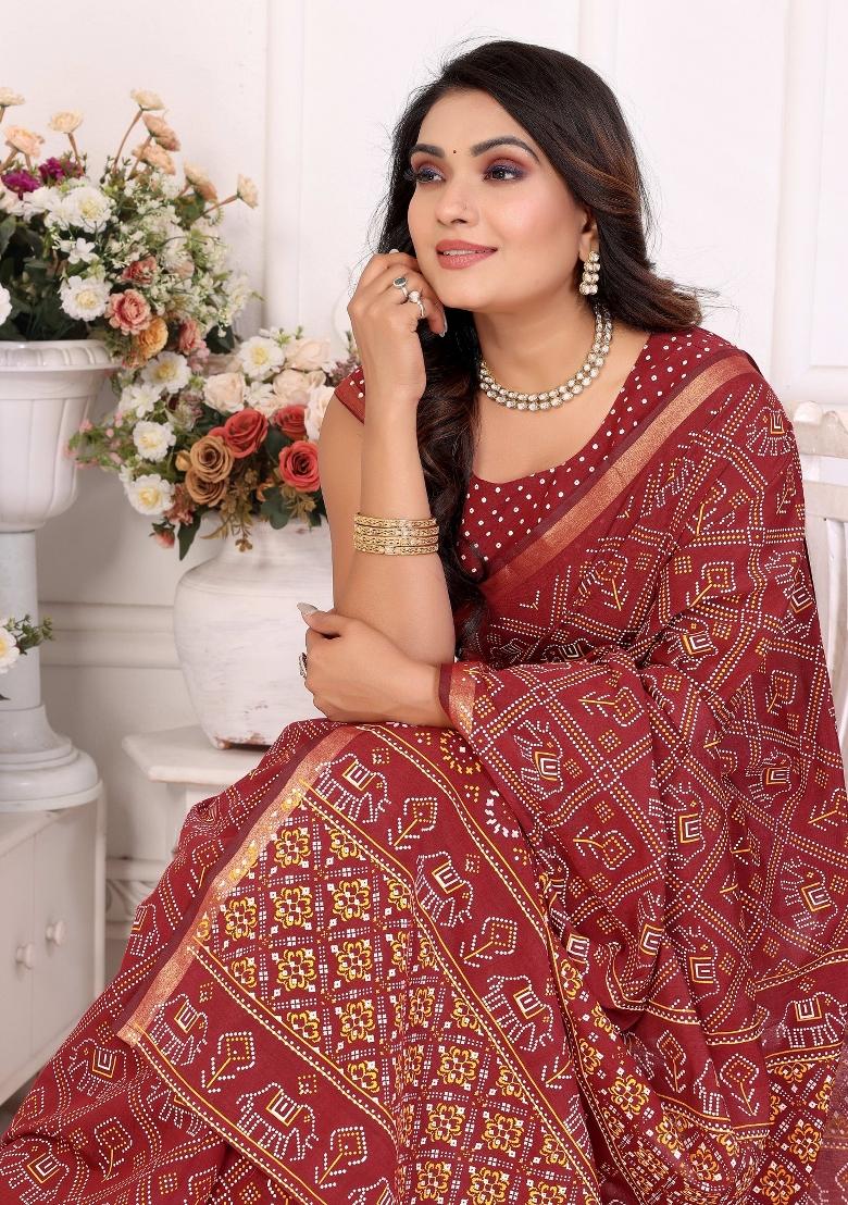 Red Printed Cotton Saree Set