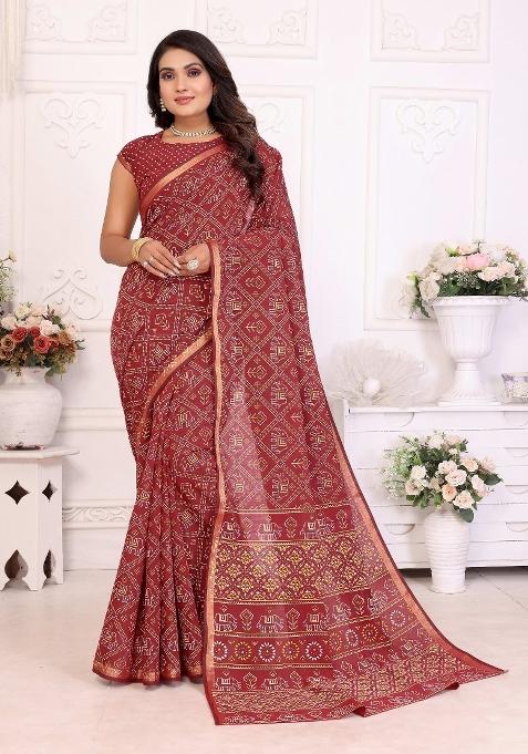 Red Printed Cotton Saree Set