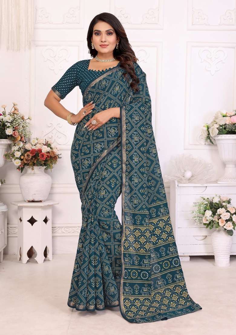 Teal Blue Printed Cotton Saree Set - Indya
