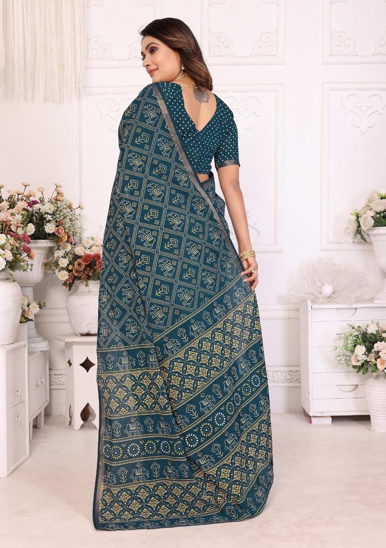 Teal Blue Printed Cotton Saree Set