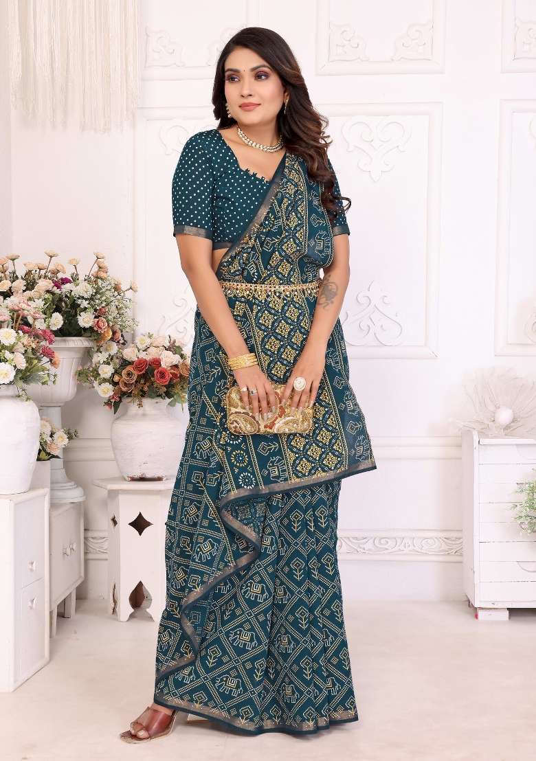 Teal Blue Printed Cotton Saree Set - Indya