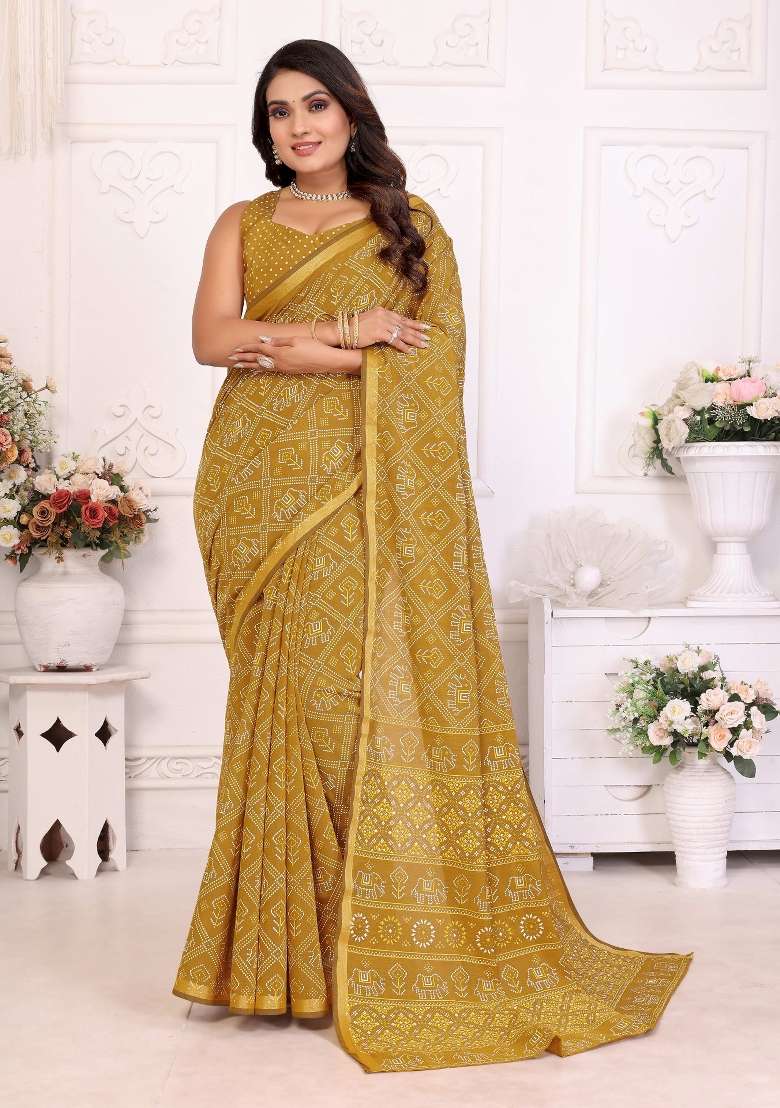 Yellow Printed Cotton Saree Set - Indya