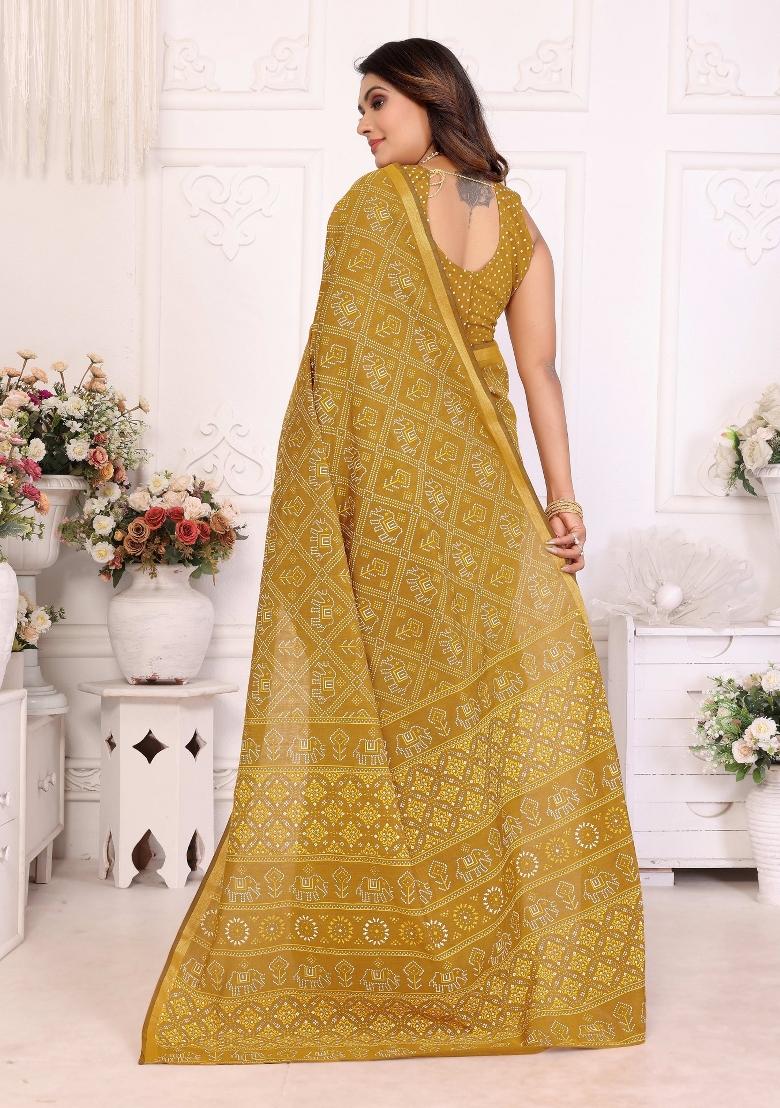 Yellow Printed Cotton Saree Set
