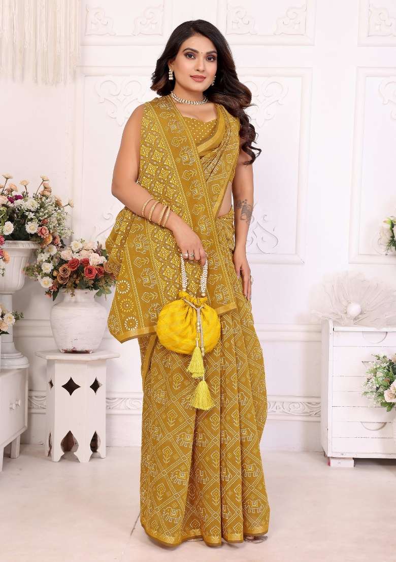 Yellow Printed Cotton Saree Set - Indya