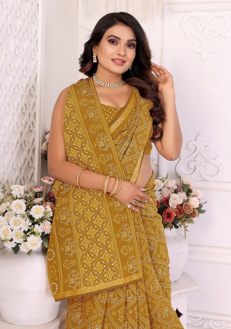 Yellow Printed Cotton Saree Set