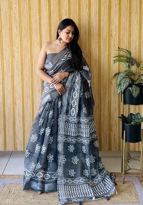 Black Printed Linen Saree Set