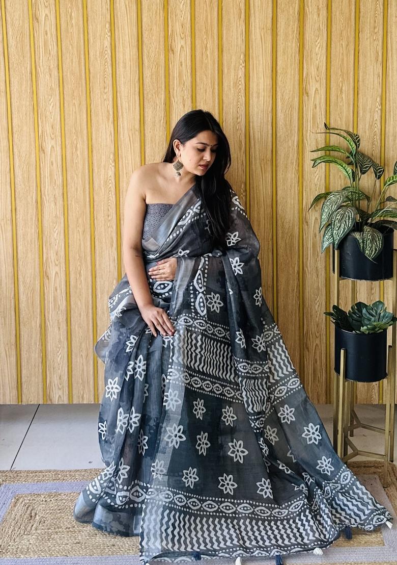 Black Printed Linen Saree Set