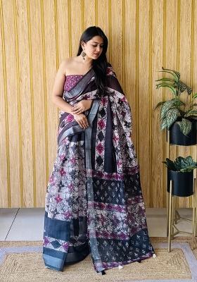 Black Printed Linen Saree Set