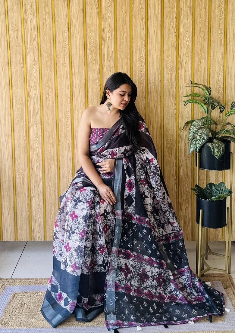 Black Printed Linen Saree Set