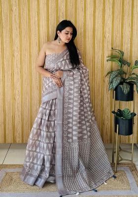 Brown Printed Linen Saree Set