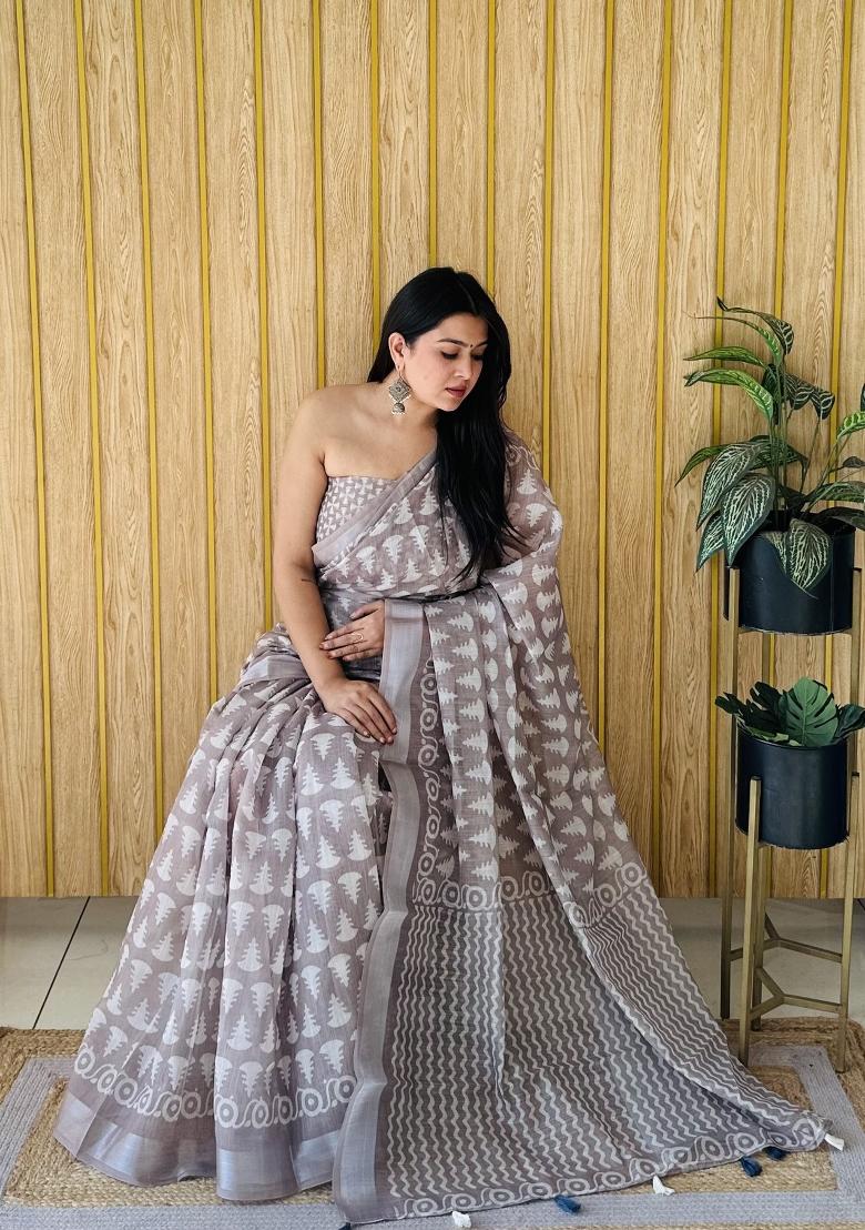 Brown Printed Linen Saree Set