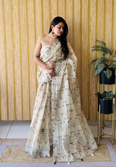 Cream Printed Linen Saree Set