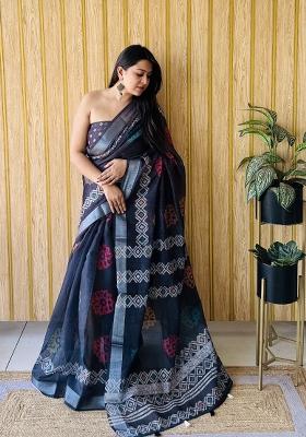 Blue Printed Linen Saree Set