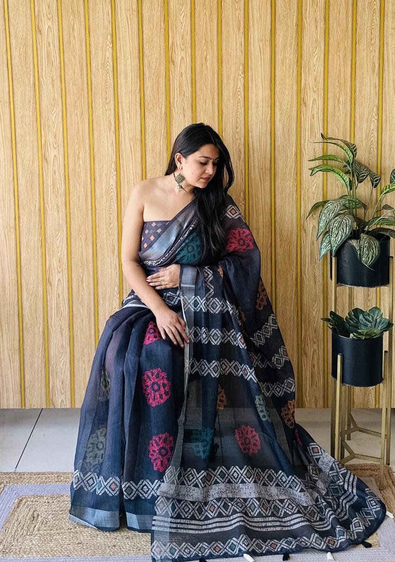 Blue Printed Linen Saree Set