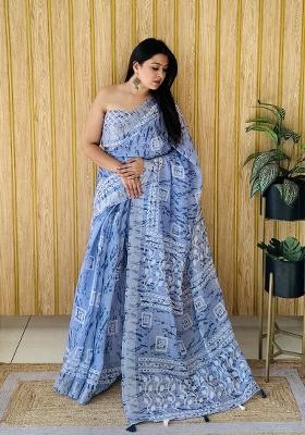 Light Blue Printed Linen Saree Set
